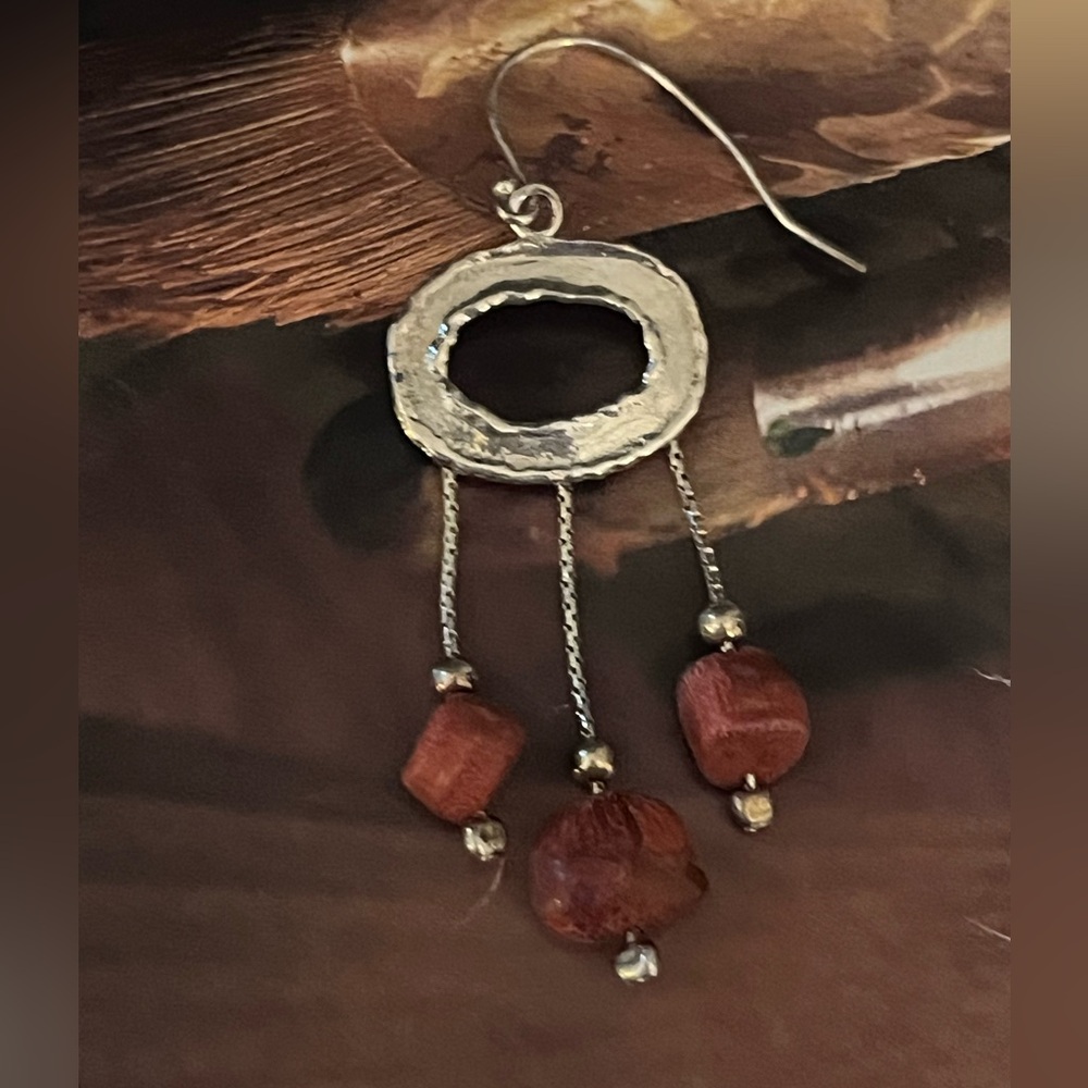 SINGLE EARRING ONLY: Sterling Silver and
Red Coral Three Drop Earring